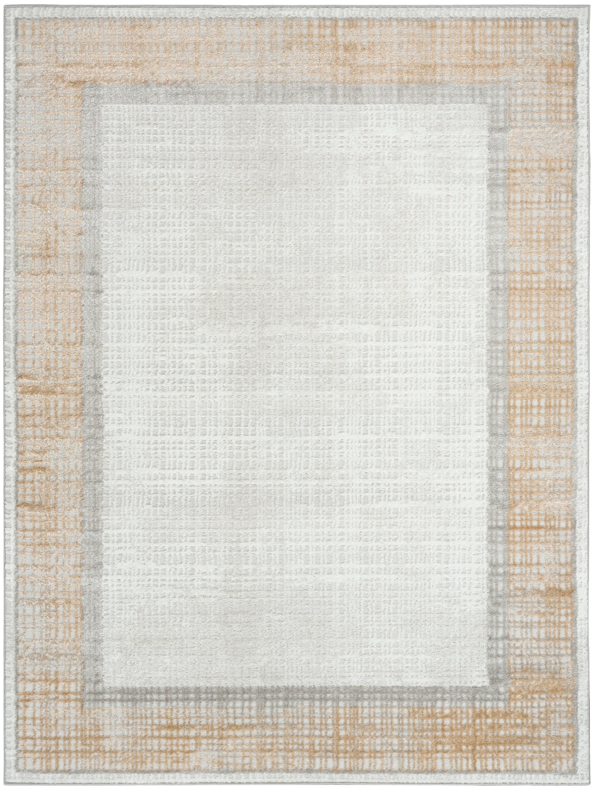 Rectangular woven rug with cream center, light gray inner frame and sandy beige outer border; textured modern design.