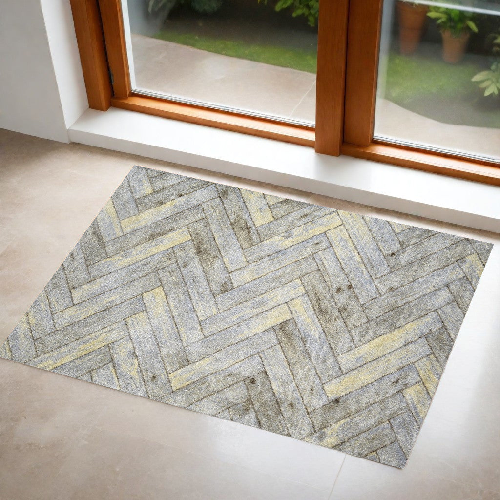 2' x 4' Rustic Gray Herringbone Washable Floor Mat
