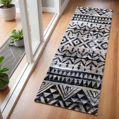 2' X 6' Black and Gray Aztec Washable Runner Rug