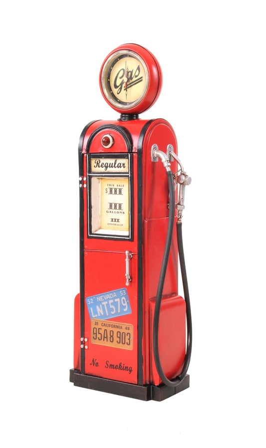 21" Red Metal Hand Painted Gas Pump Sculpture With Clock