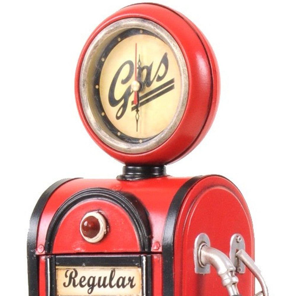 21" Red Metal Hand Painted Gas Pump Sculpture With Clock