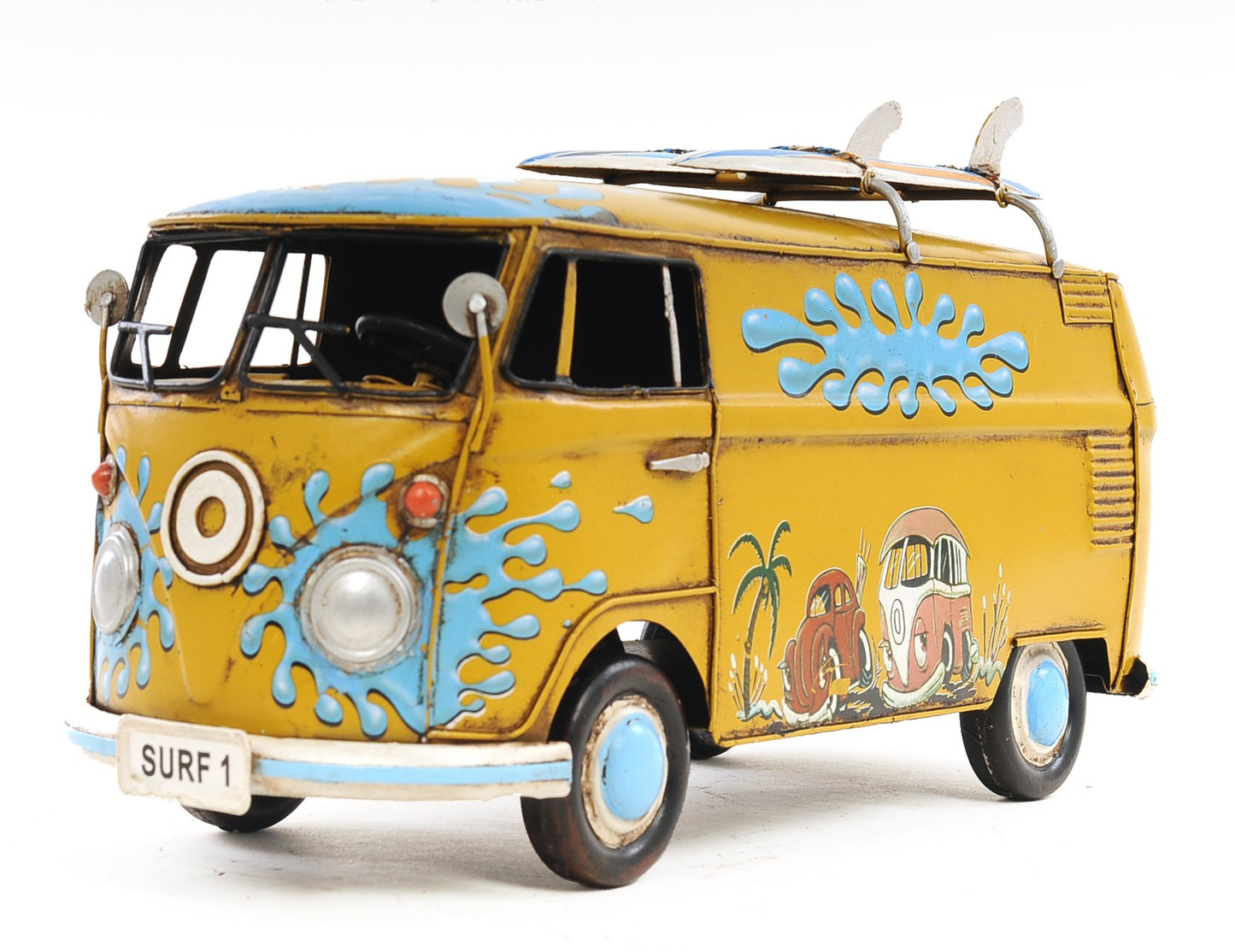 8" Blue and Yellow Metal c1967 Volkswagen Hand Painted Decorative Bus