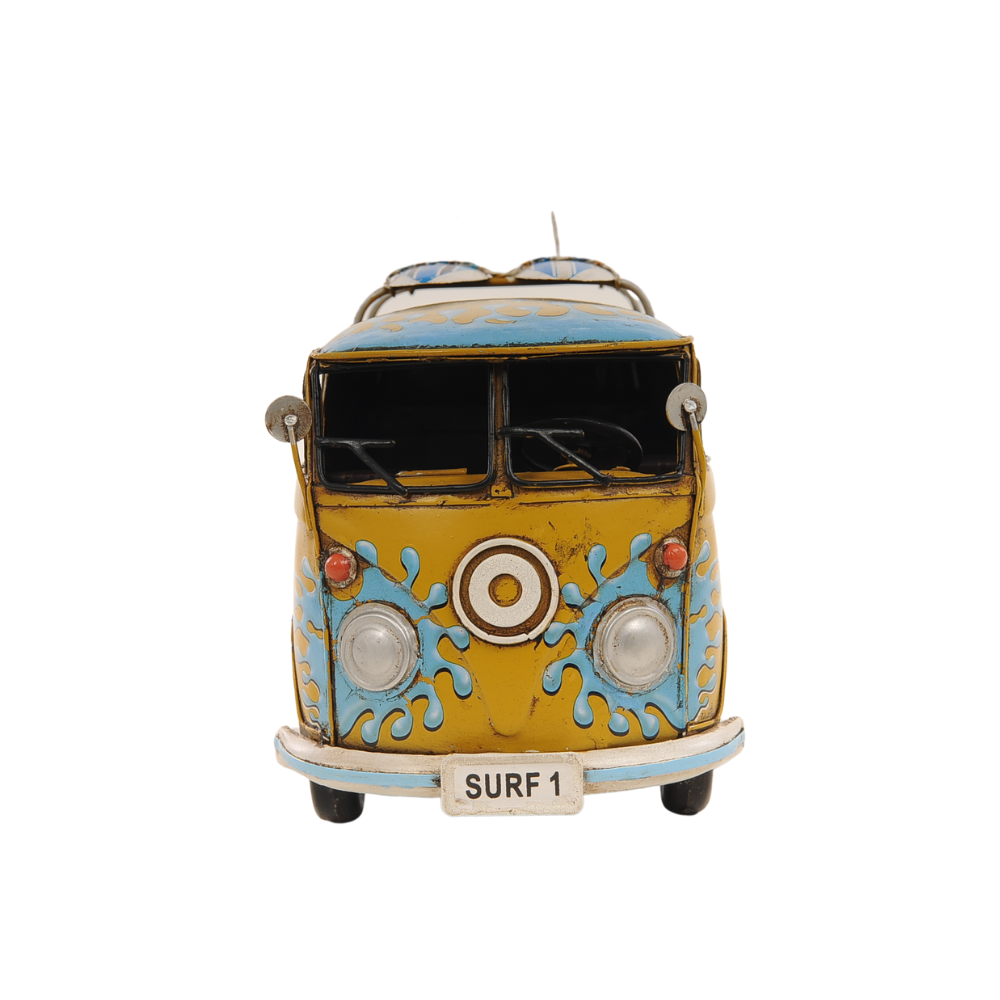 8" Blue and Yellow Metal c1967 Volkswagen Hand Painted Decorative Bus