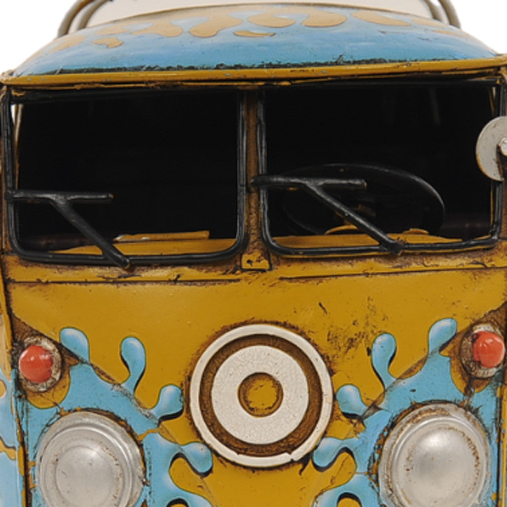 8" Blue and Yellow Metal c1967 Volkswagen Hand Painted Decorative Bus