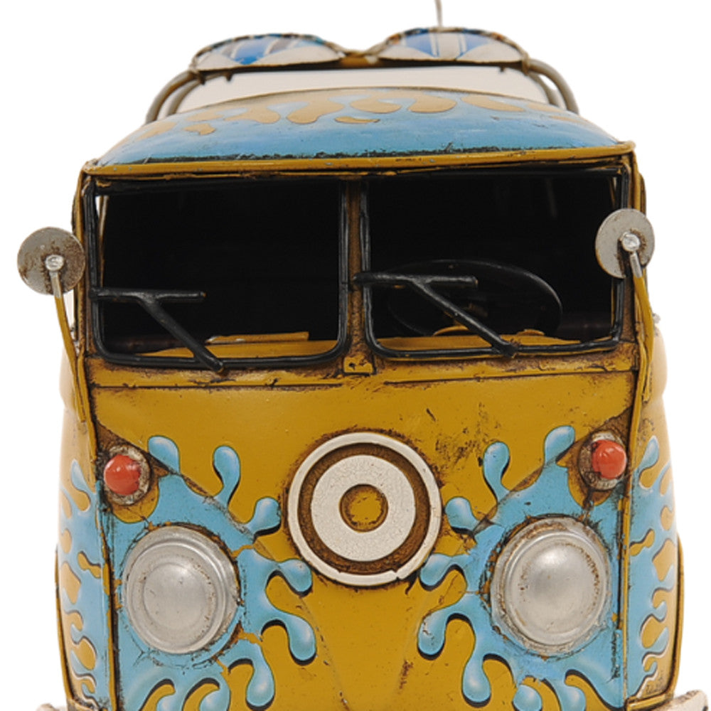 8" Blue and Yellow Metal c1967 Volkswagen Hand Painted Decorative Bus