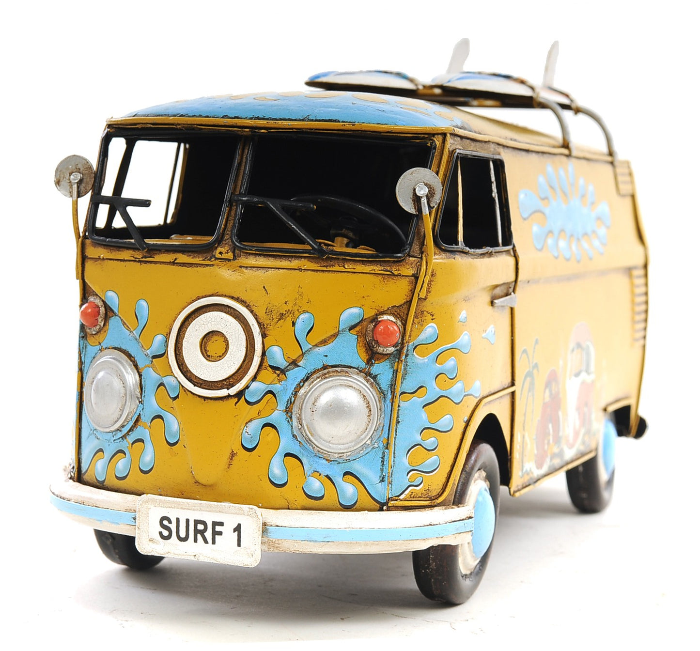 8" Blue and Yellow Metal c1967 Volkswagen Hand Painted Decorative Bus