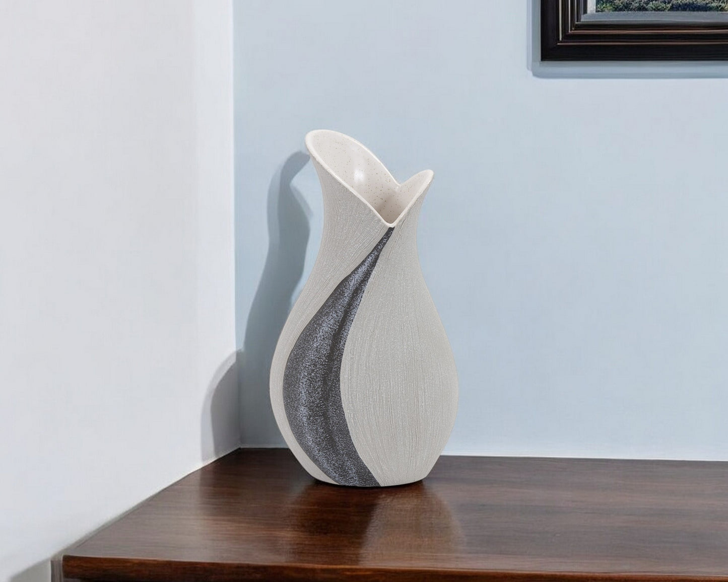 10" Gray and Off White Ceramic Table Vase