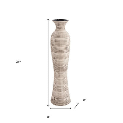 31" Beige And Brown Striped Bud Ceramic Floor Vase