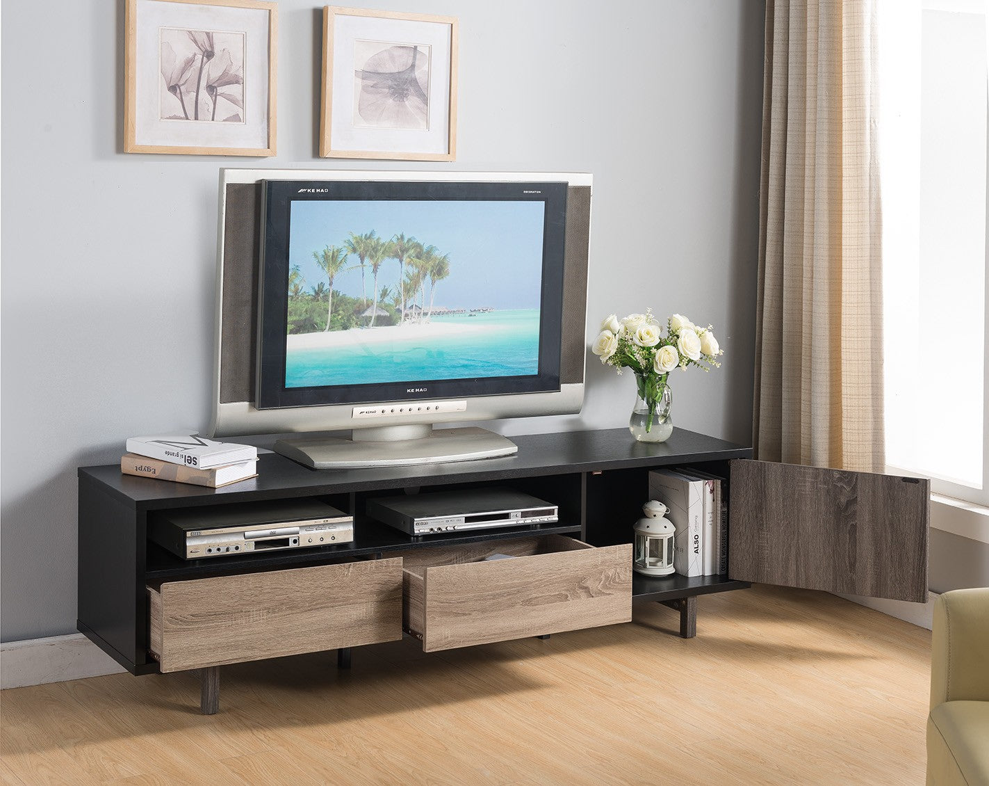 71" Brown And Black Particle Board And Mdf Cabinet Enclosed Storage TV Stand
