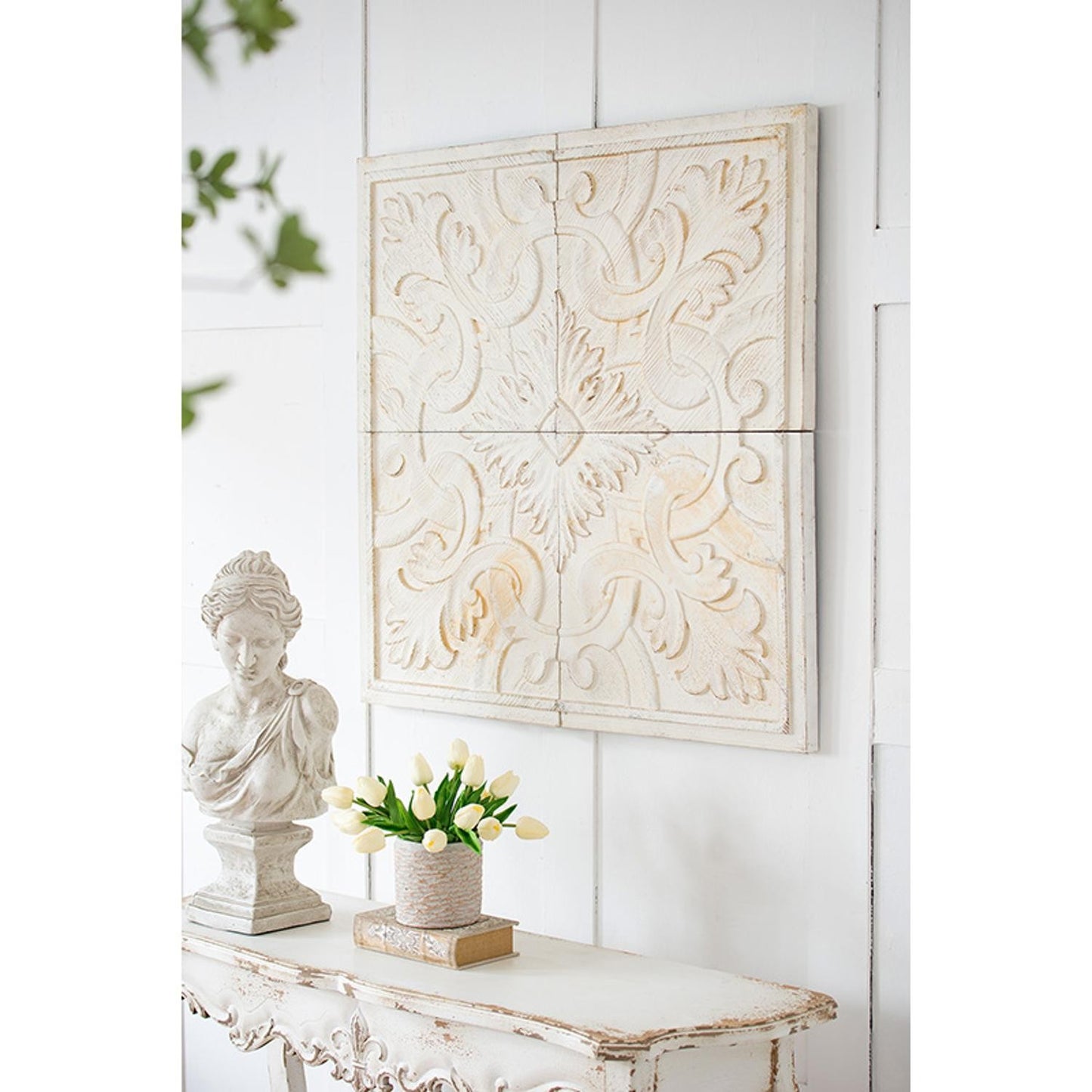 Set of 4 Whitewashed Arabesque Carved Wall Art