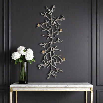 44" Silver And Gold Aluminum Branches And Birds Hanging Dimensional Sculpture