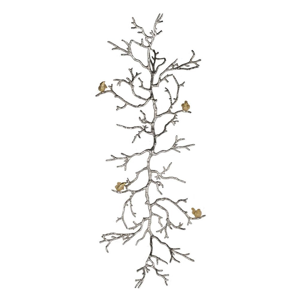 44" Silver And Gold Aluminum Branches And Birds Hanging Dimensional Sculpture