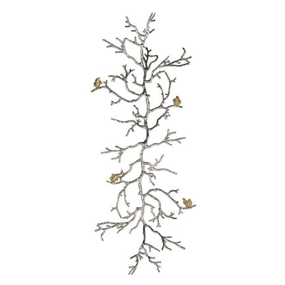 44" Silver And Gold Aluminum Branches And Birds Hanging Dimensional Sculpture