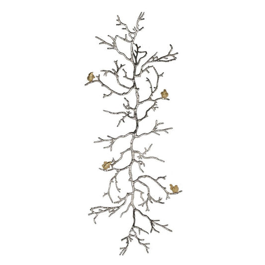 44" Silver And Gold Aluminum Branches And Birds Hanging Dimensional Sculpture