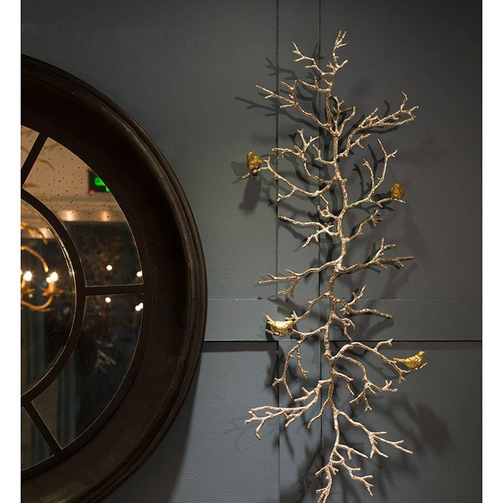 44" Silver And Gold Aluminum Branches And Birds Hanging Dimensional Sculpture