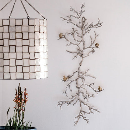 44" Silver And Gold Aluminum Branches And Birds Hanging Dimensional Sculpture