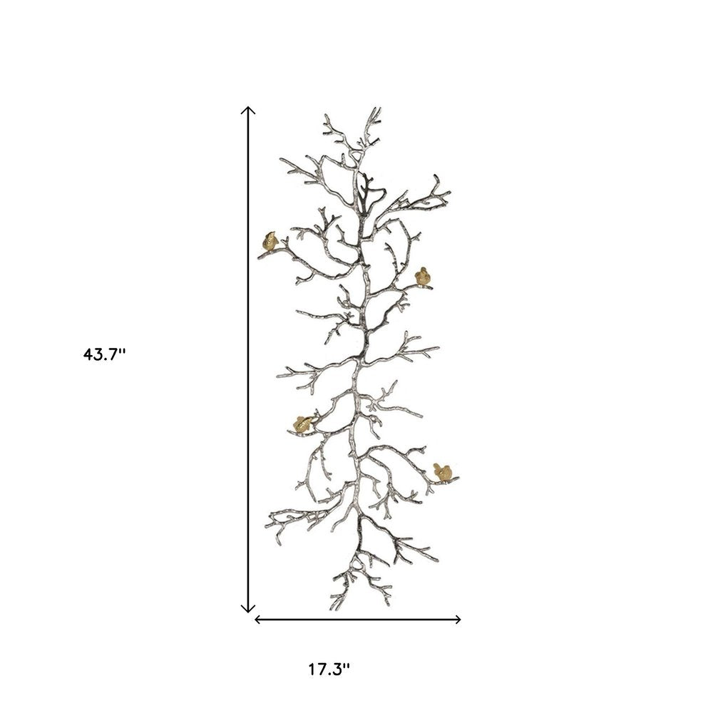 44" Silver And Gold Aluminum Branches And Birds Hanging Dimensional Sculpture