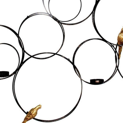 32" Black And Gold Metal Circles And Birds Hanging Sculpture With Votive Holders