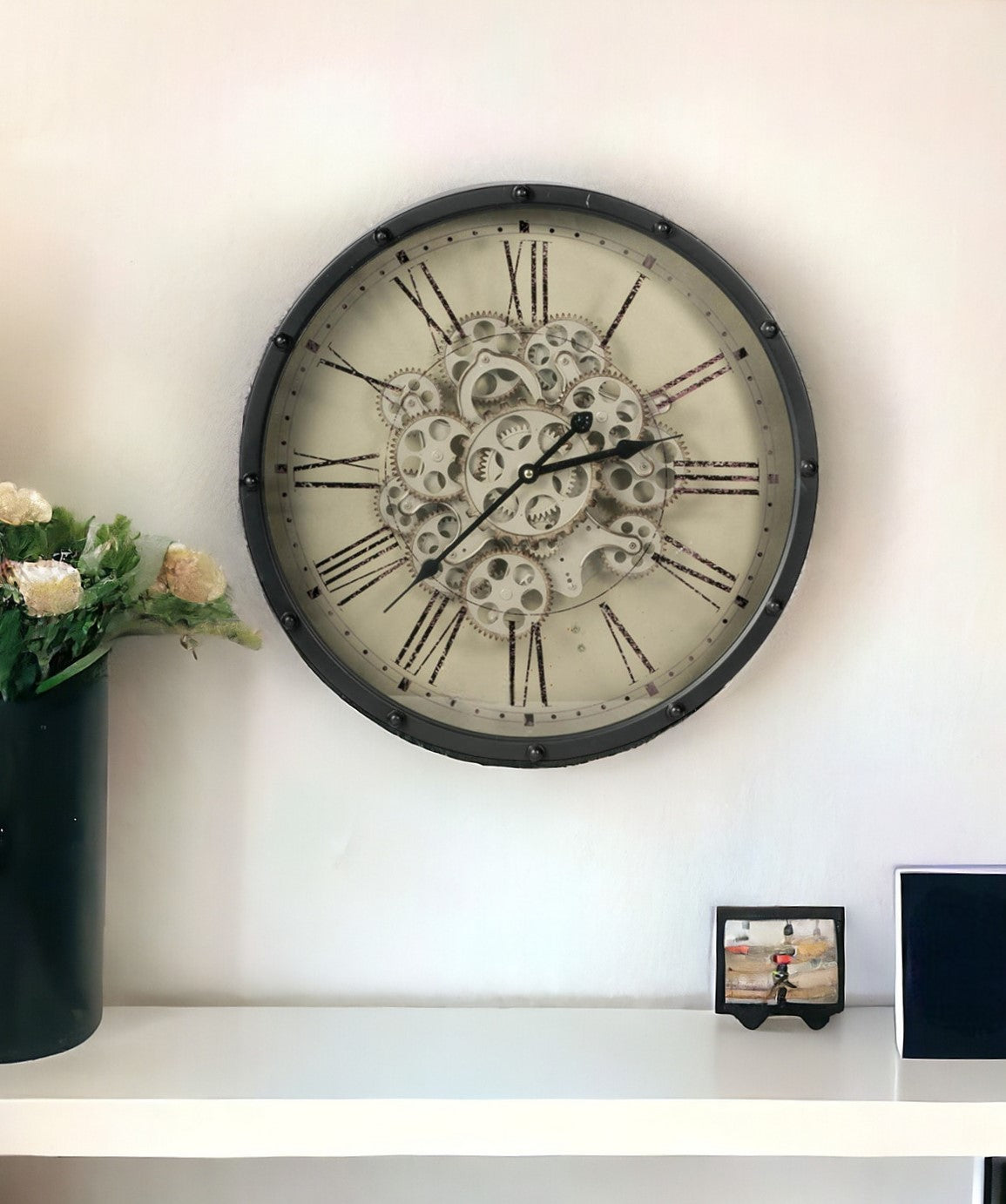 18" Black and Ivory Vintage Gear Industrial Wall Clock