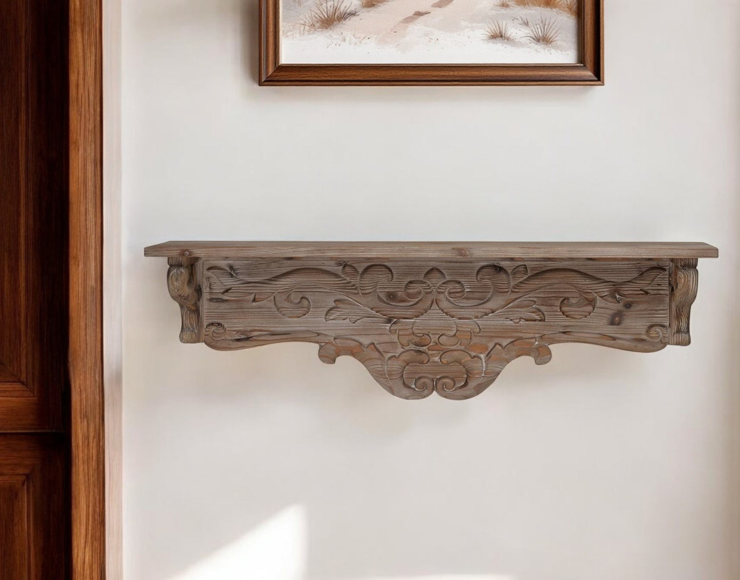 Charming Carved Floral Scroll Wooden Wall Shelf