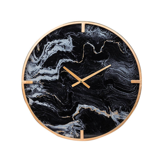 Modern Black Faux Marble and Gold Round Wall Clock