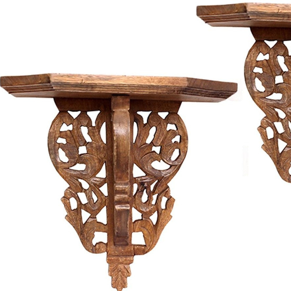 13" Set of Two Brown Boho Carved Wall Mounted Floating Shelves