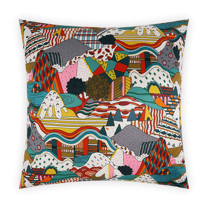 Square fabric throw pillow with a bright abstract landscape of waves and hills in red, blue, yellow, green.