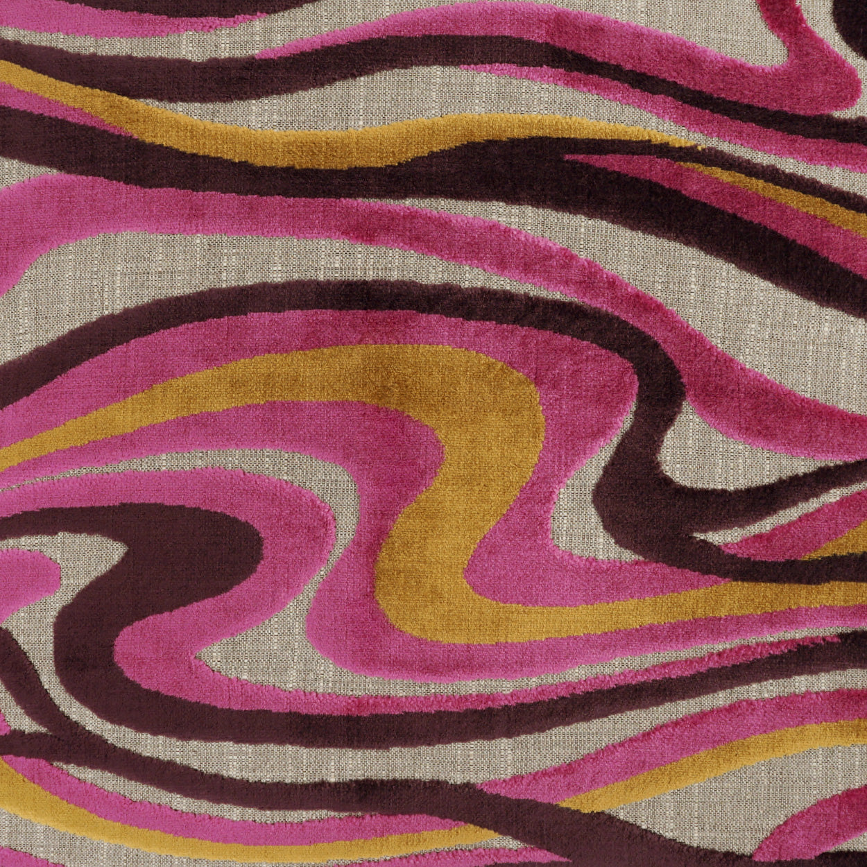 Abstract wavy swirl fabric in pink, magenta, mustard yellow, brown and beige; retro upholstery pattern.