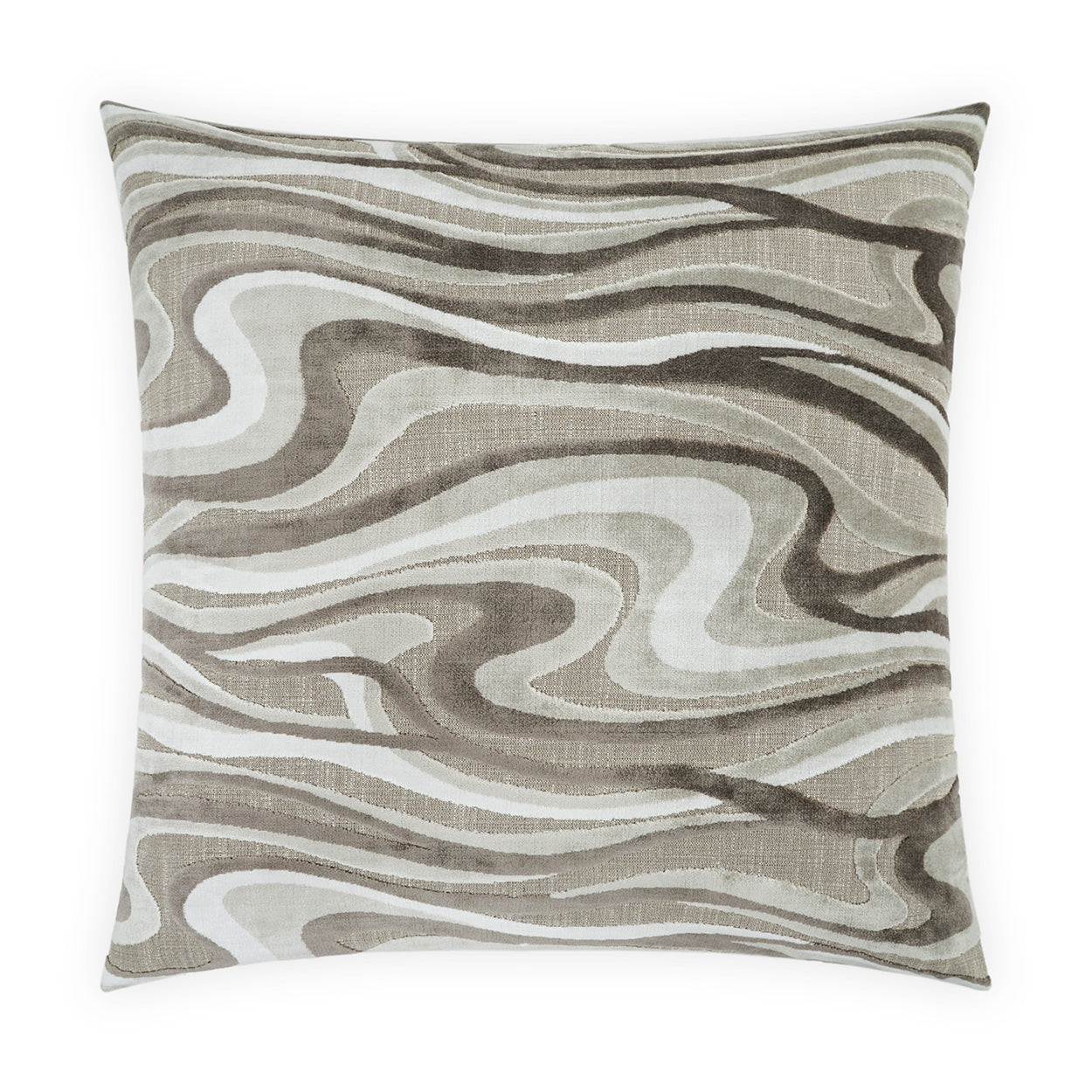 Square decorative throw pillow with beige, taupe and white swirling abstract pattern.