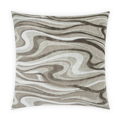 Square decorative throw pillow with beige, taupe and white swirling abstract pattern.