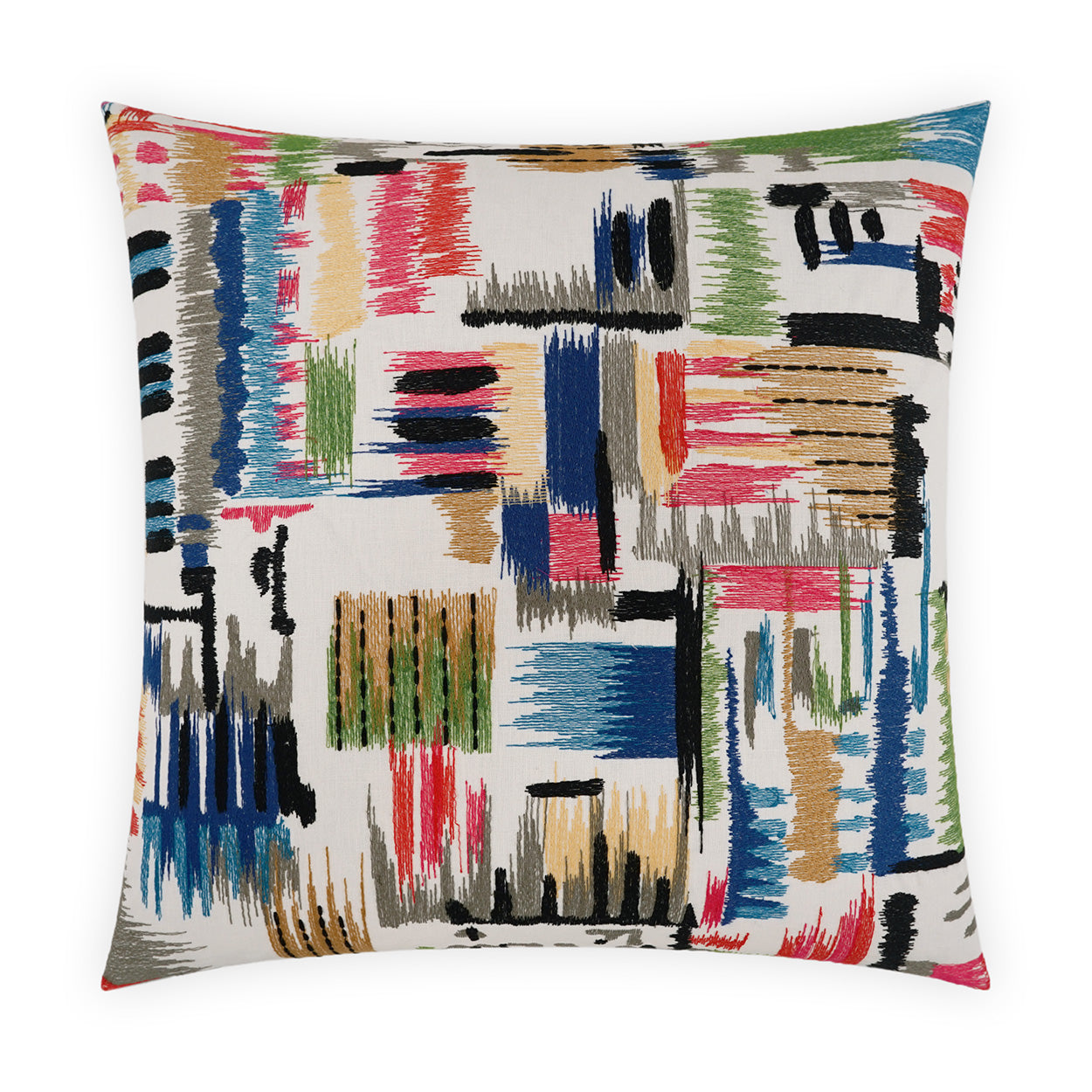 Square decorative pillow featuring an abstract brushstroke collage in blue, red, green, beige, black on a light background.