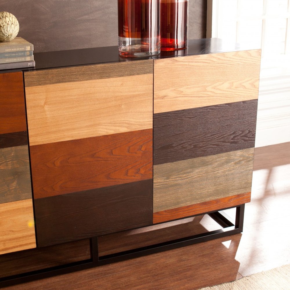52" Brown Gray And Black Patch Three Door Sideboard Cabinet
