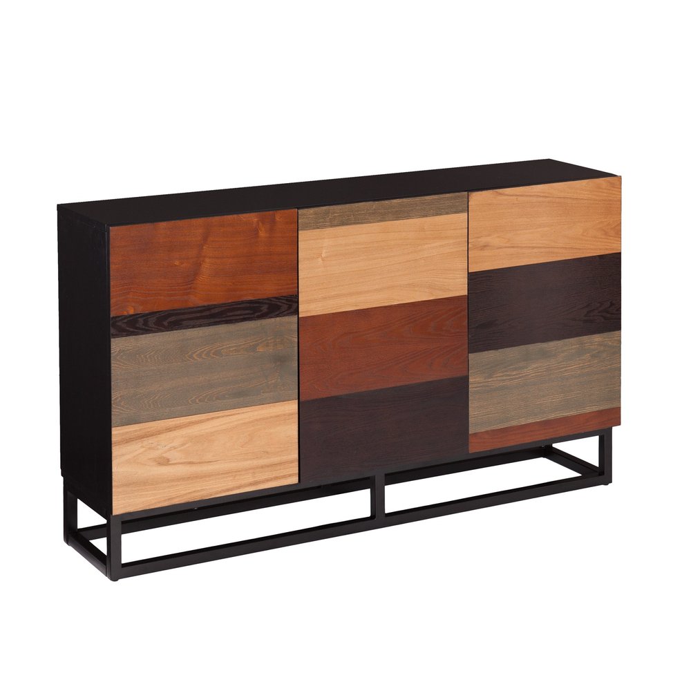 Long modern wooden sideboard cabinet with a black metal base and three patchwork doors in brown, gray and black.