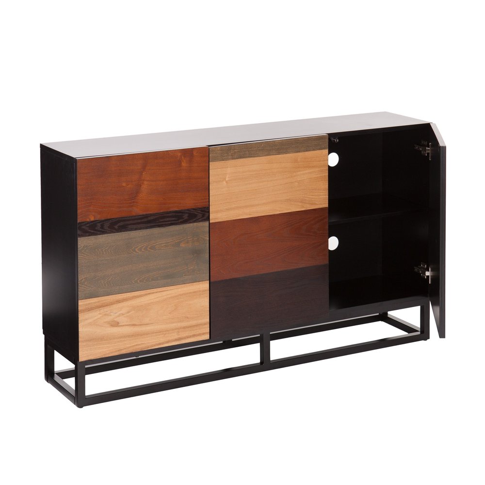Modern console sideboard on a black metal frame with multi-tone wood panel doors; right section opens to two shelves.
