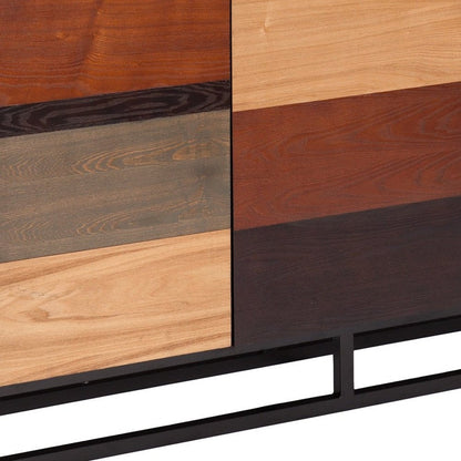 Patchwork wood cabinet with horizontal veneer panels in natural, gray, brown and dark tones on a black metal base