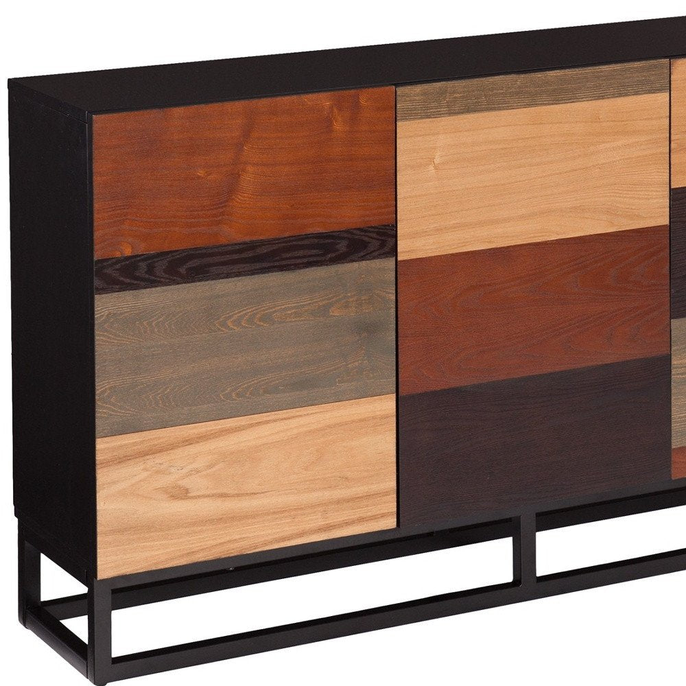 Patchwork wood sideboard with black metal frame, multitone panels, mid-century modern storage cabinet.