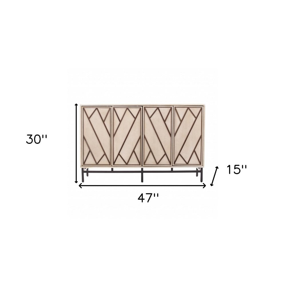Four-door buffet storage cabinet with geometric diagonal panels, champagne finish on a black metal base, 47W x 30H x 15D.