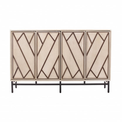 Beige four-door cabinet with dark diagonal geometric inlays on each panel, set on a black metal base.