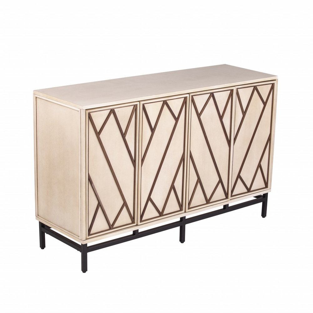 Light wood four-door sideboard with geometric diagonal inlays on a black metal base.