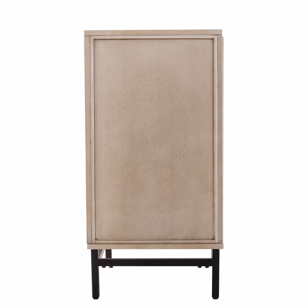Champagne Deco buffet storage cabinet with beige framed panel doors on black metal legs