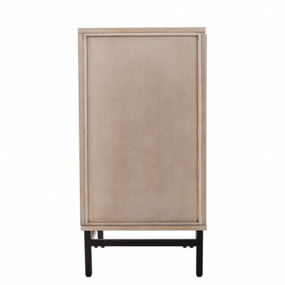 Champagne Deco buffet storage cabinet with beige framed panel doors on black metal legs