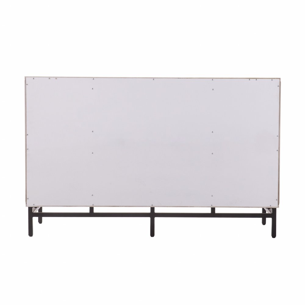 White rectangular champagne-finish buffet storage cabinet on a black metal frame with short legs; industrial-style.