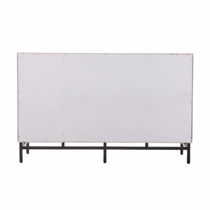 White rectangular champagne-finish buffet storage cabinet on a black metal frame with short legs; industrial-style.