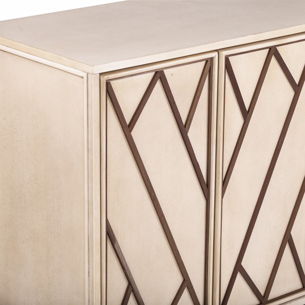 Beige wood cabinet with dark brown diamond lattice on two doors and a smooth top.