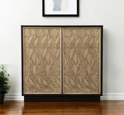32" Dark Brown And Natural Carved Floral Sideboard with Two Doors
