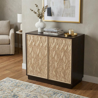 32" Dark Brown And Natural Carved Floral Sideboard with Two Doors