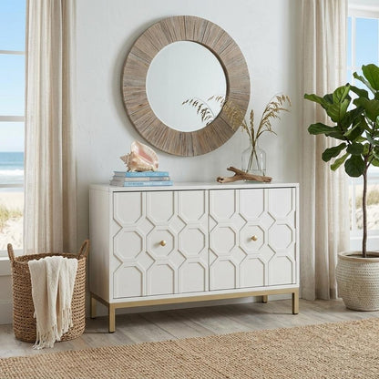40" White Carved Geometric Sideboard with Two Doors
