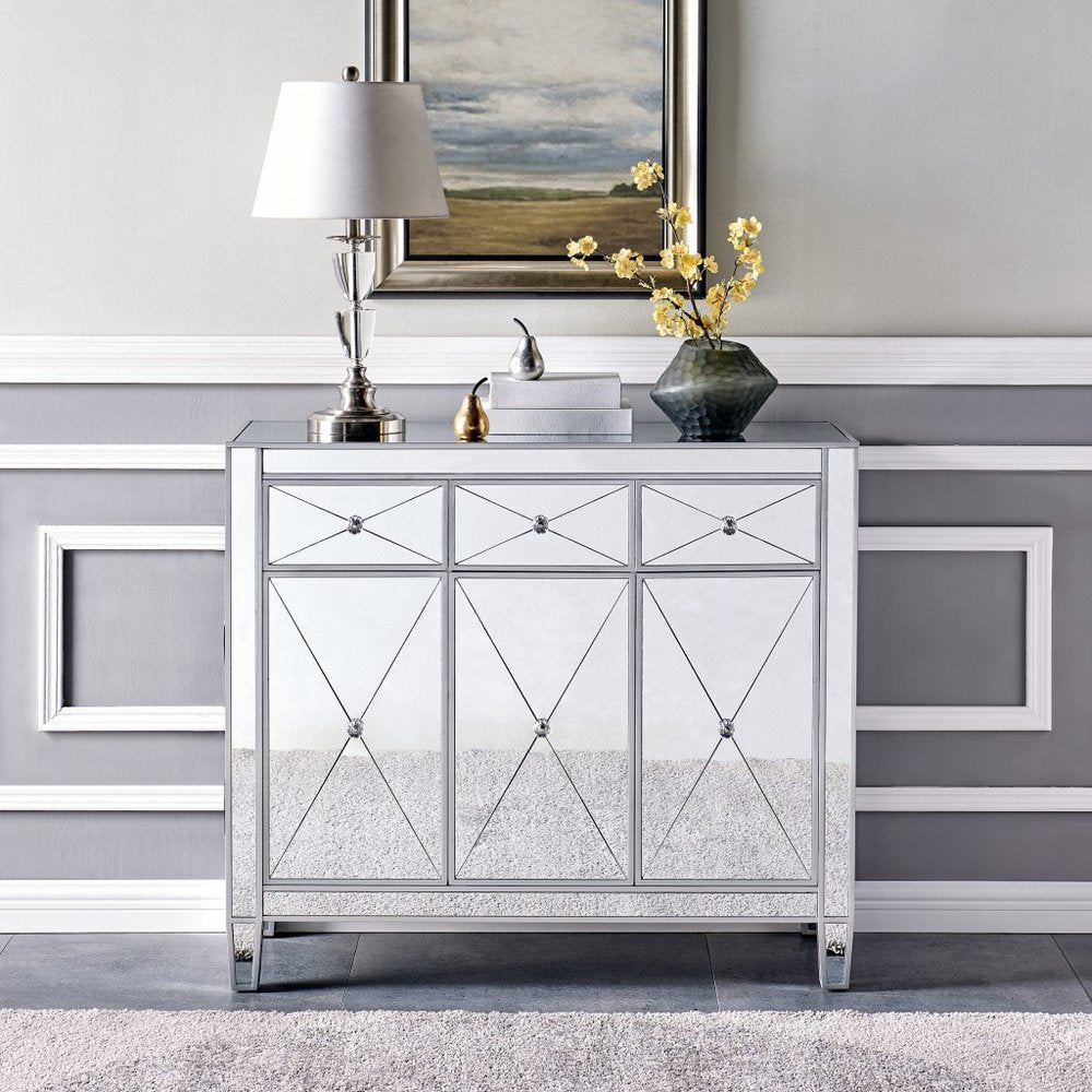 40" Silver Glass Three Drawer Sideboard with Three Doors
