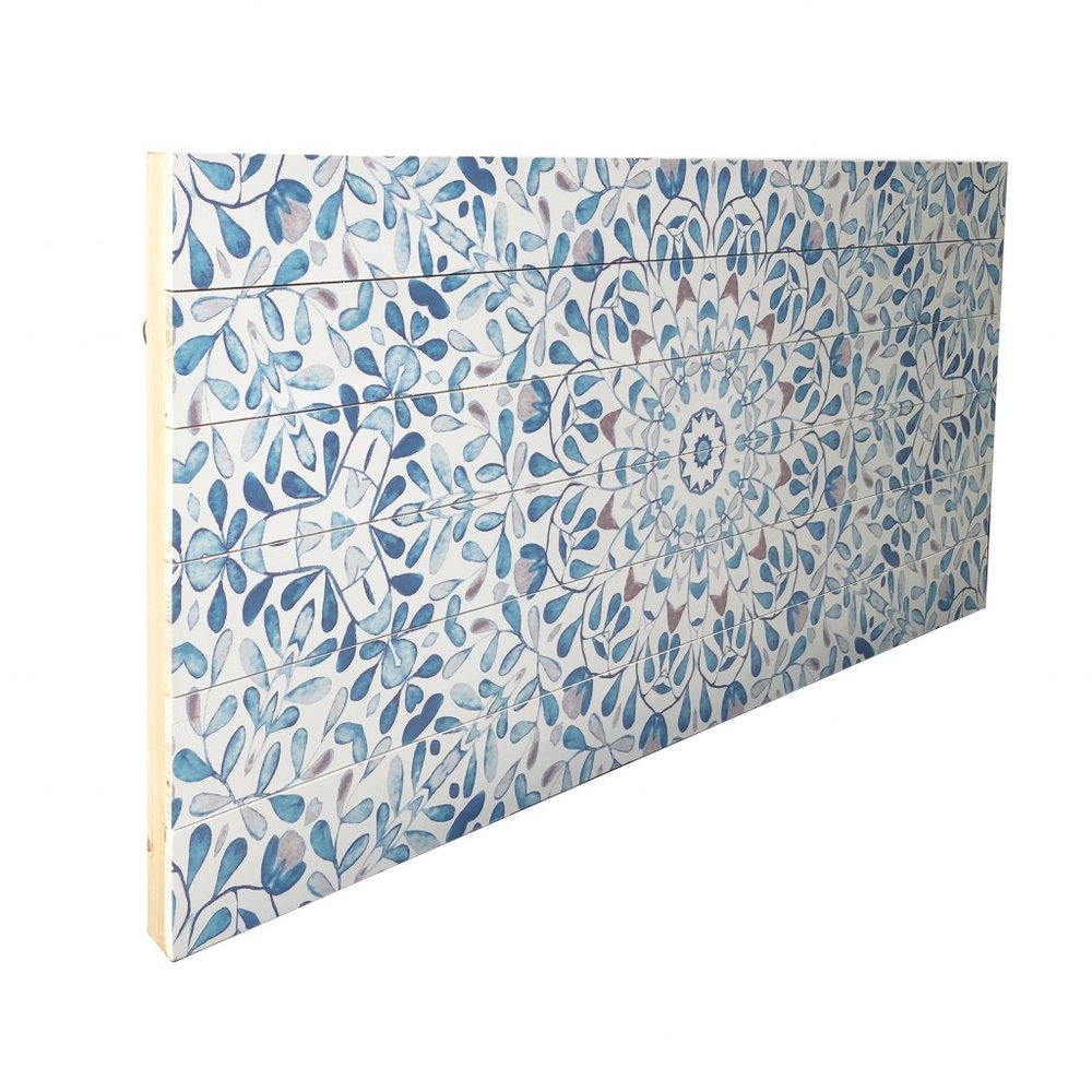 19" X 45" Shades of Blue Ornate Floral Medallion Wood Plank Wall Art