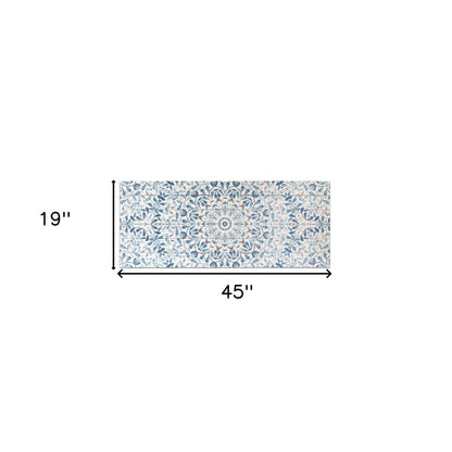 19" X 45" Shades of Blue Ornate Floral Medallion Wood Plank Wall Art